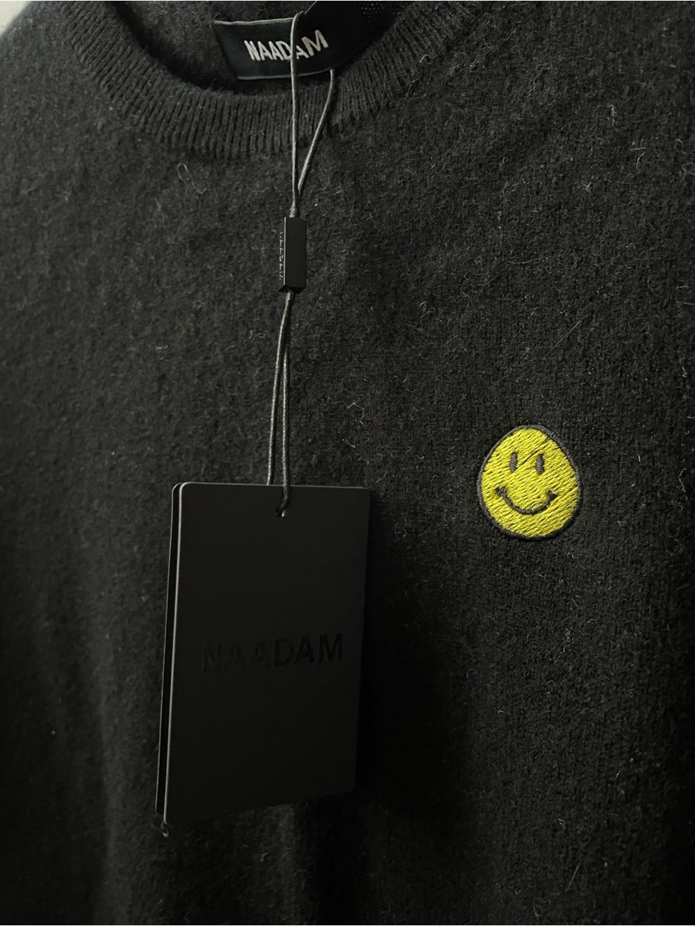 Naadam Black Lightweight Long Sleeve Crewneck Cashmere Sweater with Smiley Patch - Picture 3 of 10